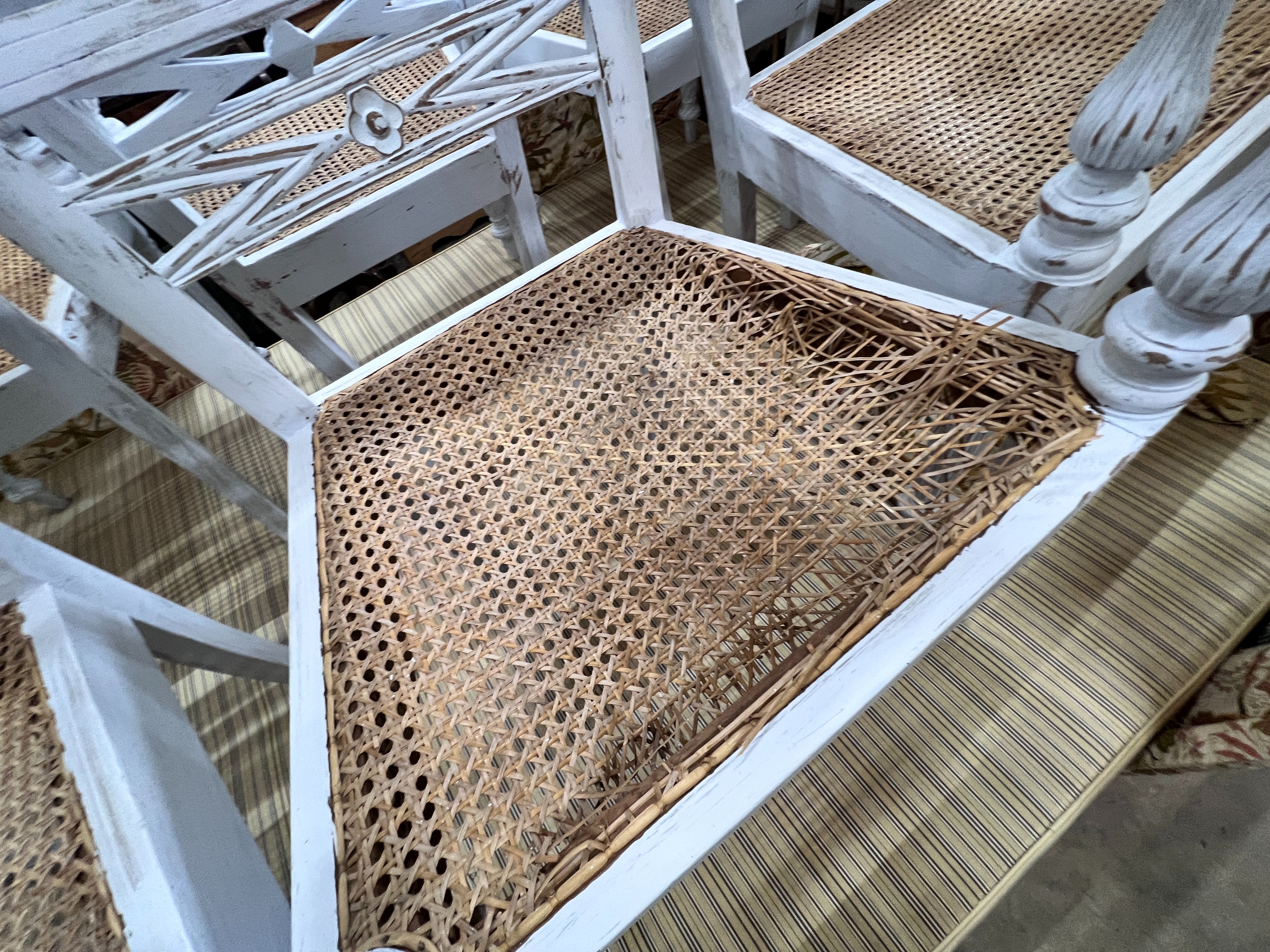 A set of six painted Indonesian hardwood cane seat elbow chairs, width 52cm, depth 45cm, height 84cm